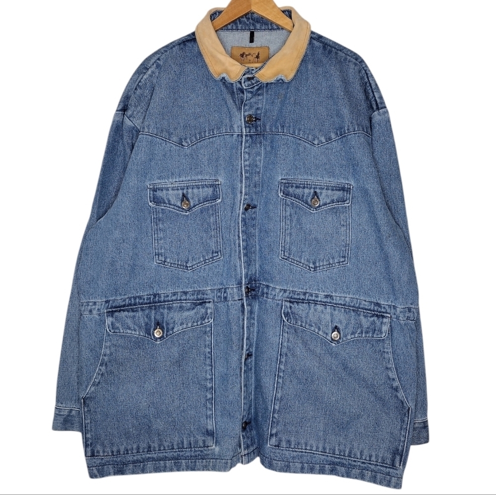 Schaefer Outfitter Men's Blue Denim Collar Leather Oversized Barn Jacket Sz 2XL